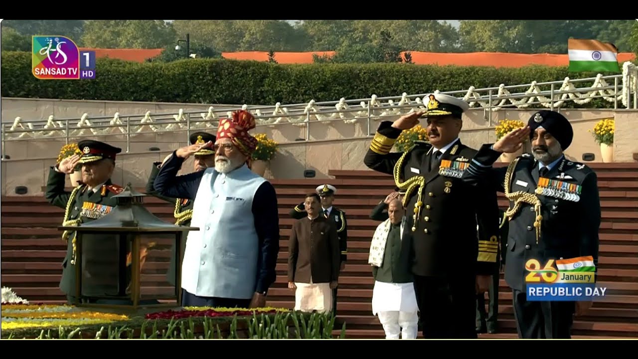 PM Modi Pays Homage to Fallen Soldiers at National War Memorial on the 77th Republic Day.