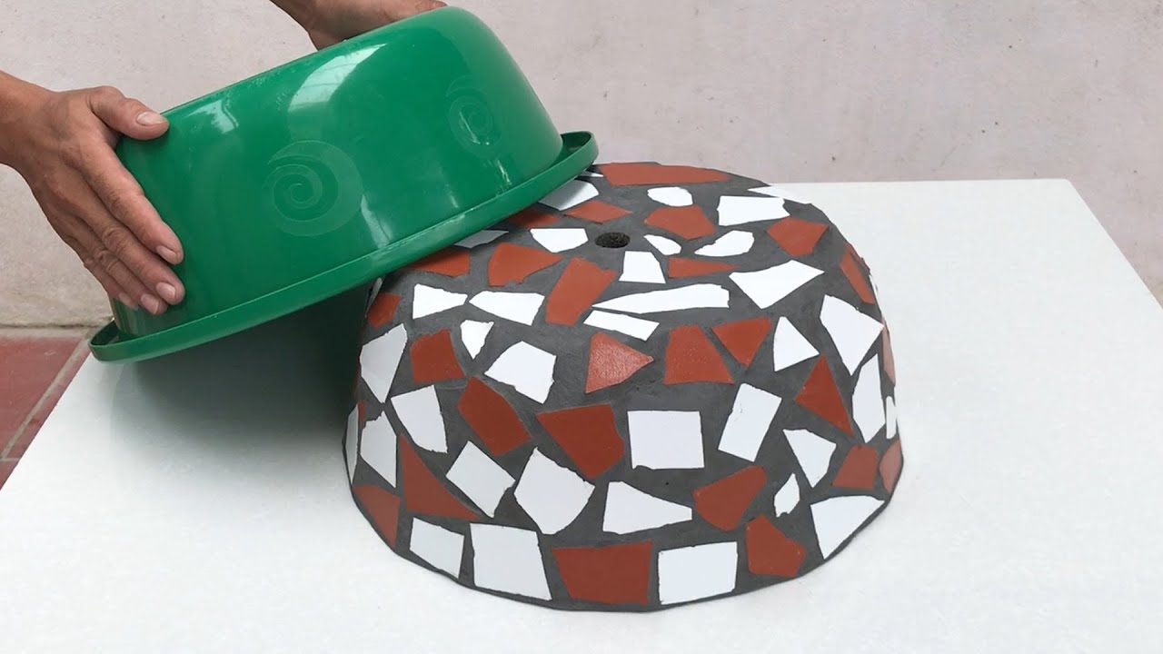 Beautiful And Easy / How To Make Unique Flower Pot From Ceramic Tiles And Cement