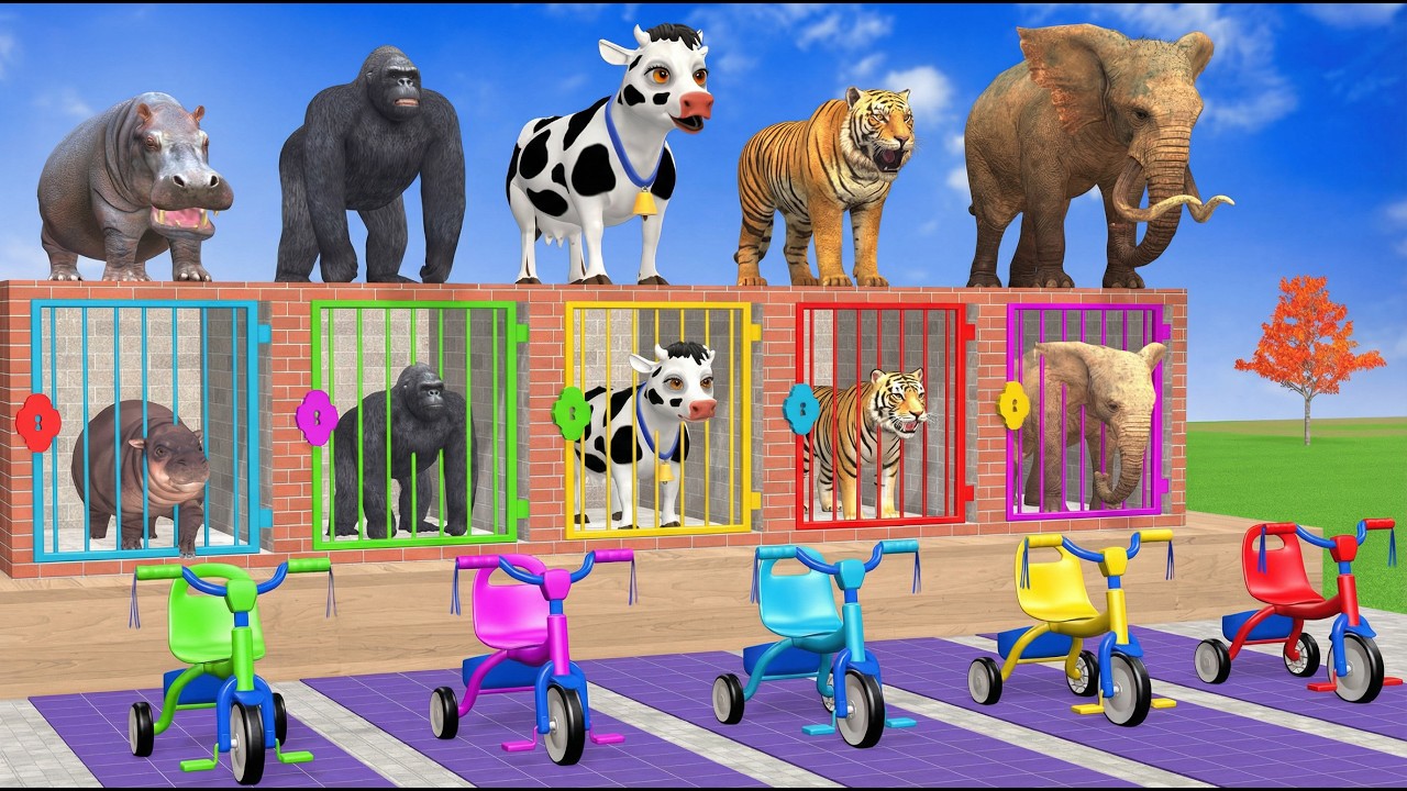 Long Slide Game with Cow Elephant Gorilla Hippopotamus Tiger 3d Animal Game Funny 3d Animals