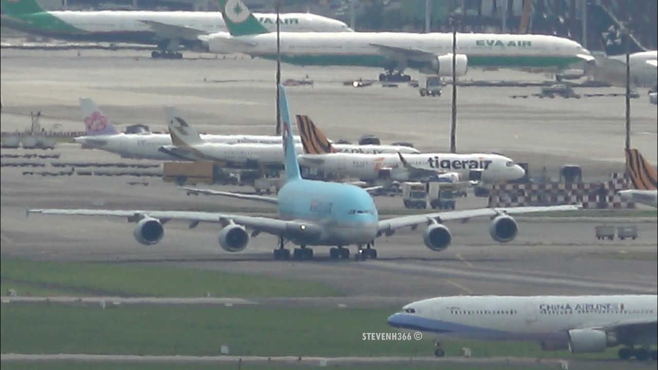 4K【俯瞰桃園機場】大韓航空A380 KE185 滑行、後推、南跑道23L起飛 Impressive KOREAN AIR A380 takeoff  at TPE/RCTP RWY23L