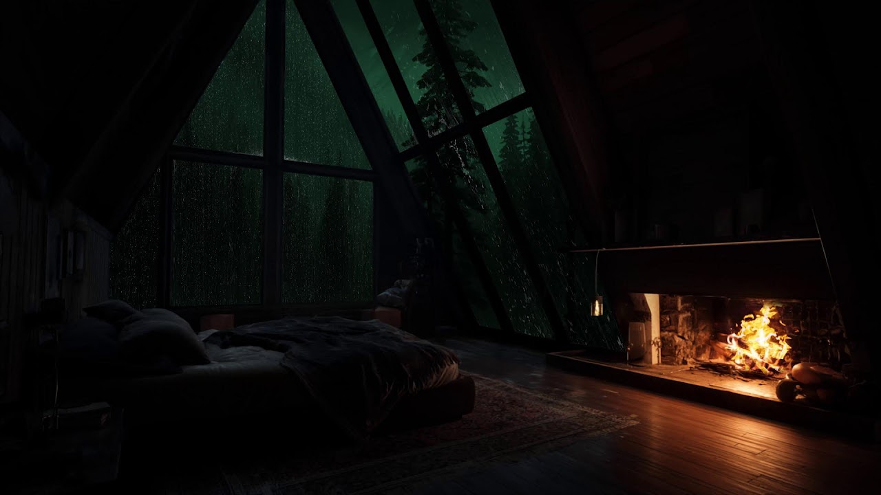 A peaceful forest cabin at night where gentle rain and fireplace sounds fill the quiet air 🌧️🔥🌲