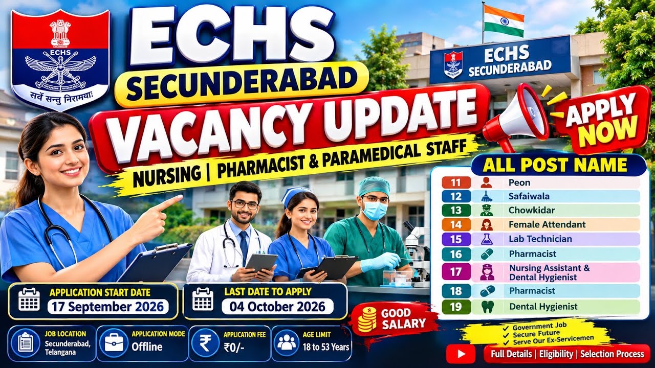 ECHS Secunderabad Recruitment 2026 | 57 Vacancies | Pharmacist, Nursing Assistant, Lab Technician