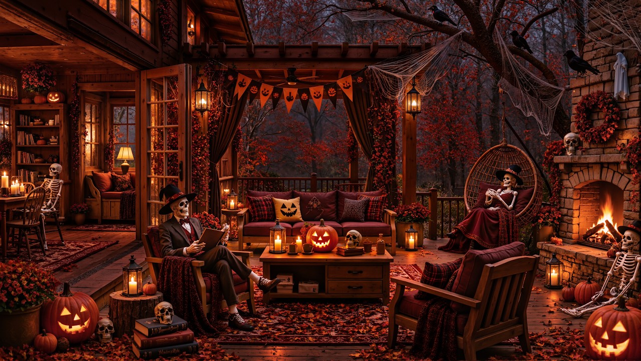 Fireplace Ambience 🎃 | Spooky Jazz Music, Forest Porch, Pumpkin Glow & Fall Halloween Night