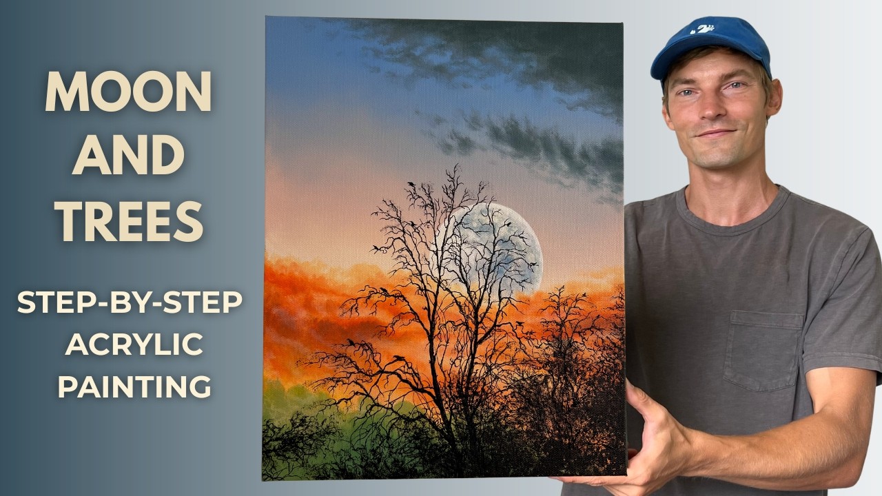 EASY Moonlight Landscape | FULL Acrylic Painting TUTORIAL