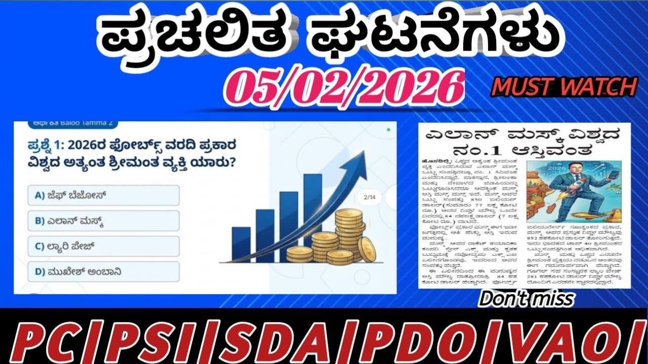 February 05/02/2026 Current affairs| ಪ್ರಚಲಿತ ಘಟನೆಗಳು|PC|PSI|