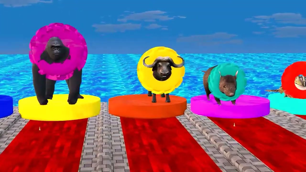 Long Slide Game With Cow Elephant Gorilla Hippopotamus Tiger - 3d Animal Game - Funny 3d Animals