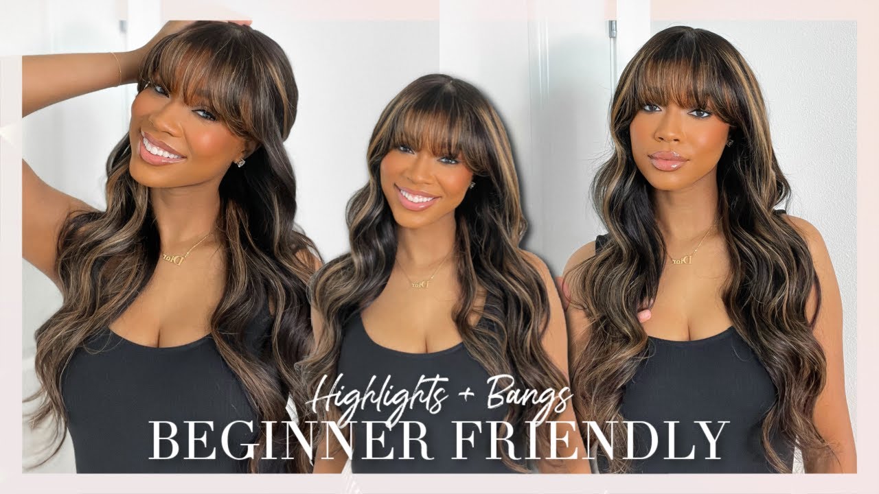 How To Style Wig With Bangs! Warm Spring Highlights Beginner Friendly NO GLUE NEEDED | Jessie's Wig