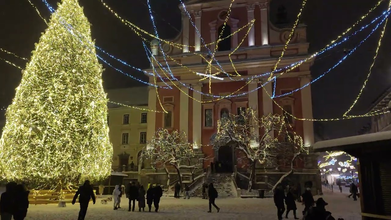 Snowy fairytale, Three Bridge, New Year's decorated Ljubljana Slovenia 