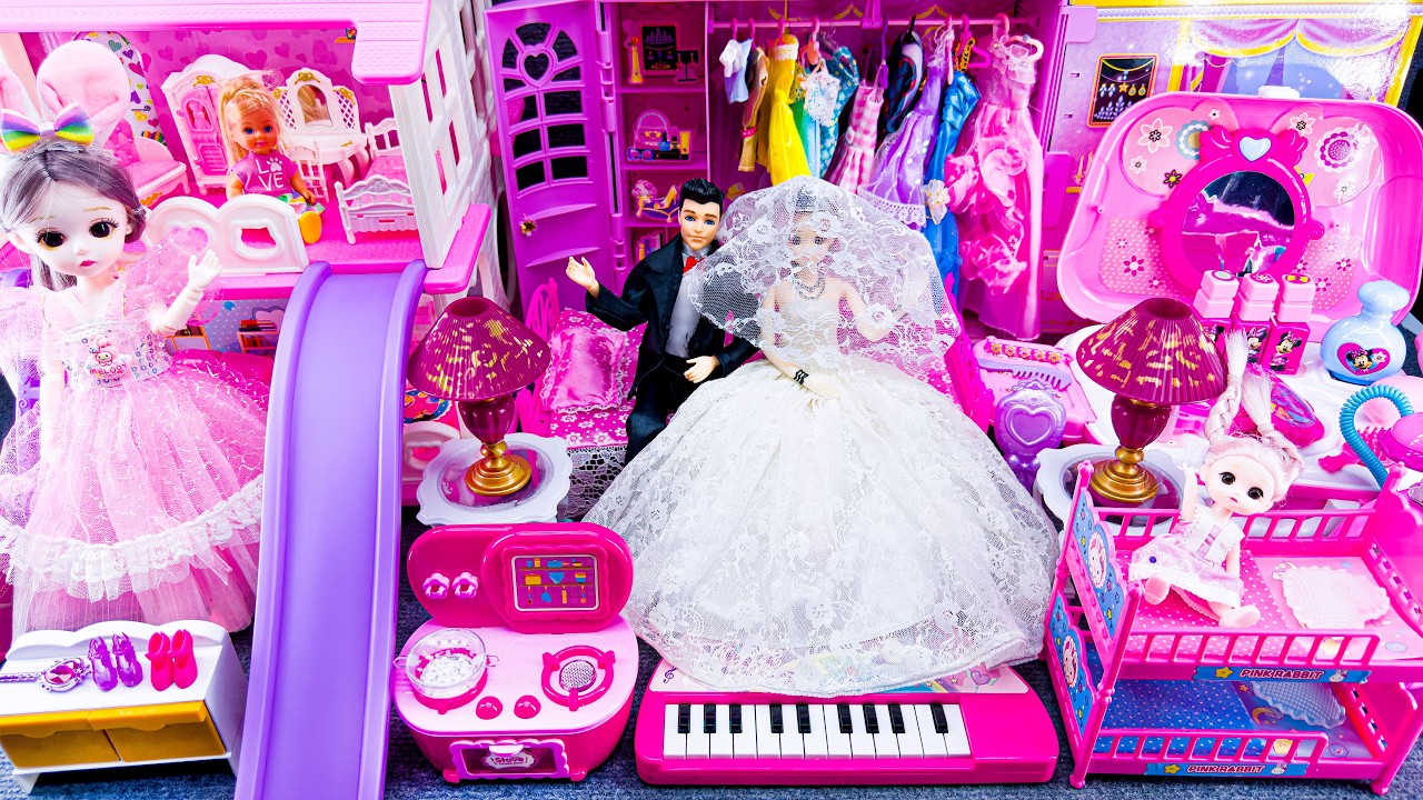 12 Minutes Satisfying Unboxing Barbie Princess Wedding Bedroom Playset, Bunk Bed & Slide Toys Review