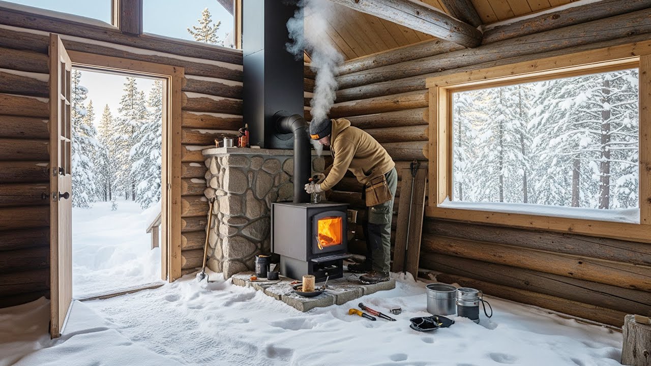 Installing a Wood Stove in My Log Cabin - Winter Off Grid Living in the Forest