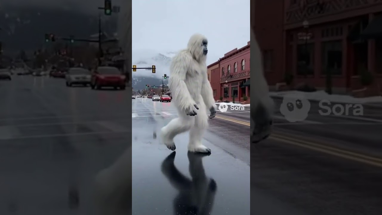 Very old Bigfoot (Sasquatch) crossing main street in our little town