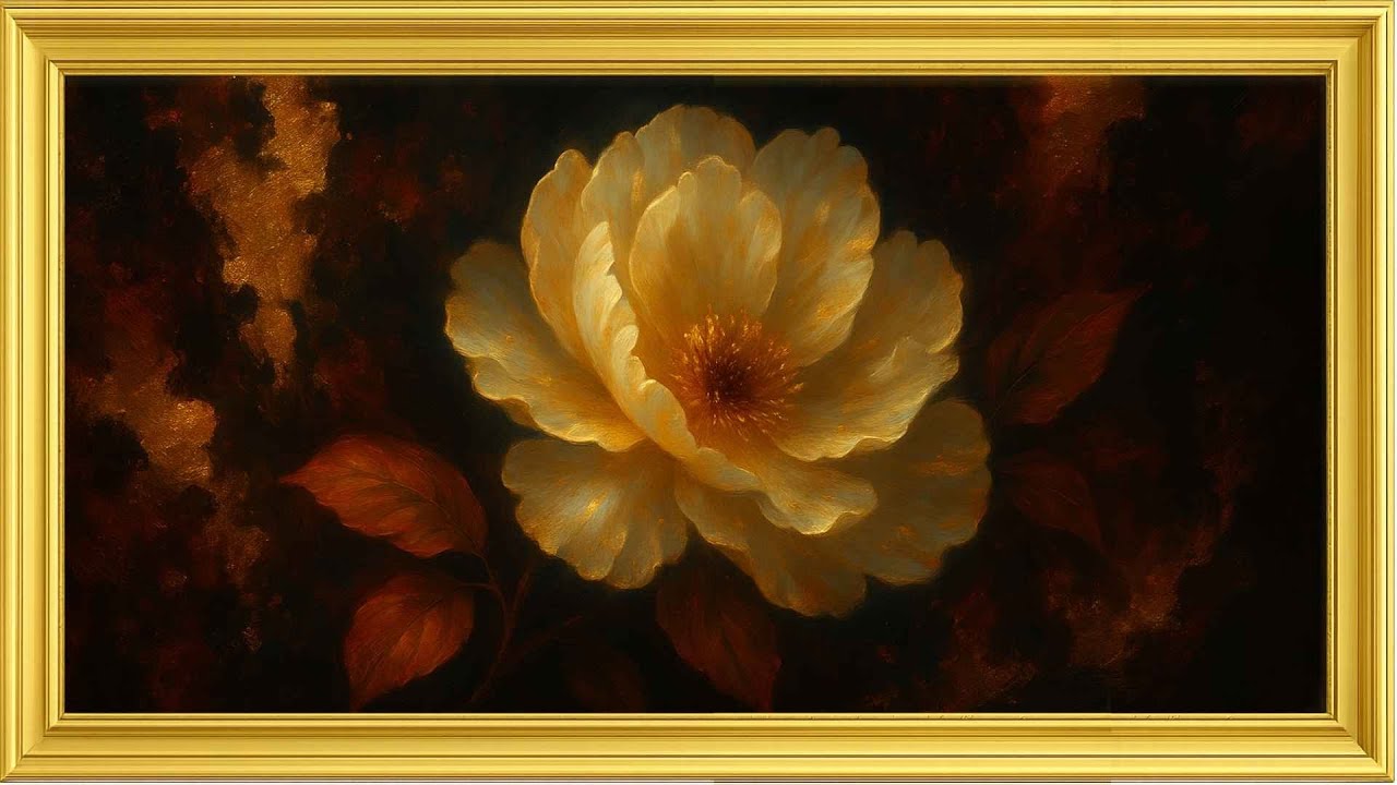 Golden Peony in the Shadows | Peonía Dorada entre Sombras – 4K Framed Art Screensaver – Sin música
