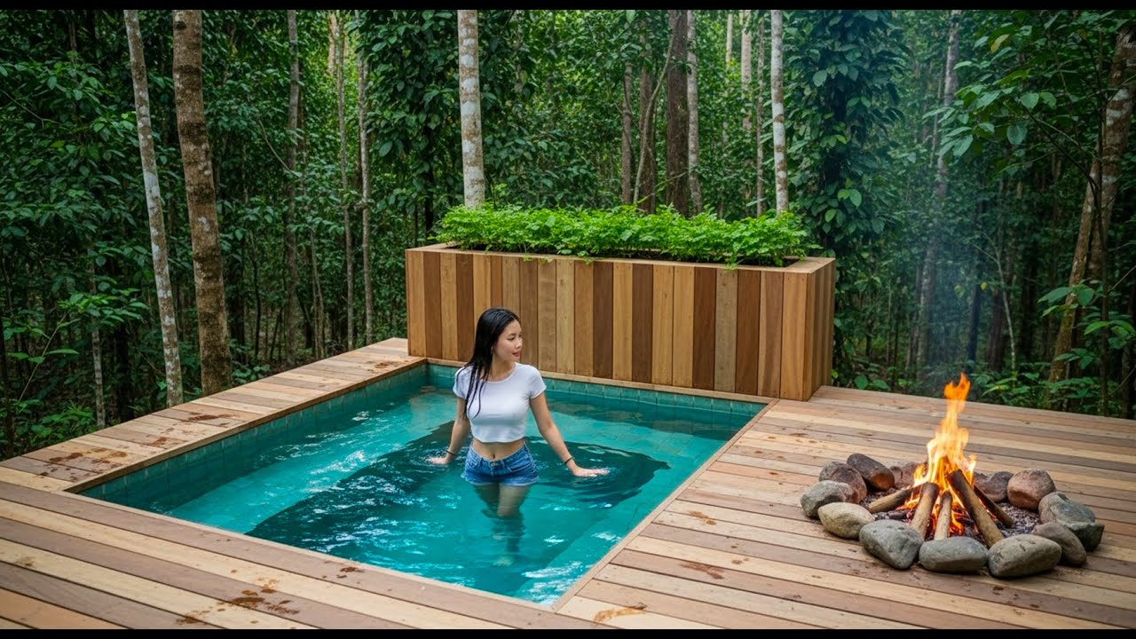 Young Girl Builds a Private Pool Near The Dugout Shelter for Survival - Outdoor survival, Wood craft