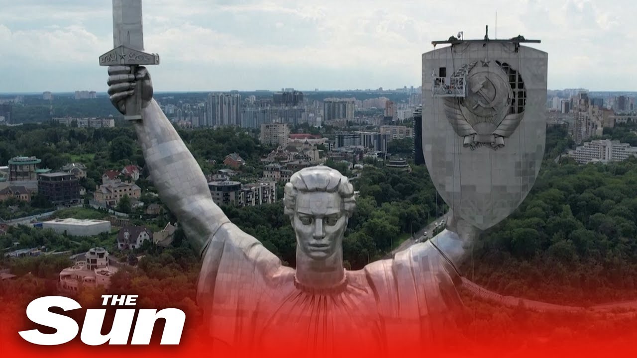 Soviet emblem cut from Ukraine's Motherland Monument on historic day