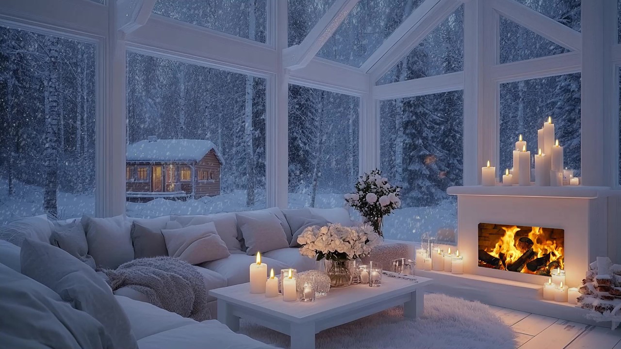 🔥🎹 Fireplace Piano Lounge in Winter | Snow Outside, Warm Fire & Flowers | Stress Relief Calm