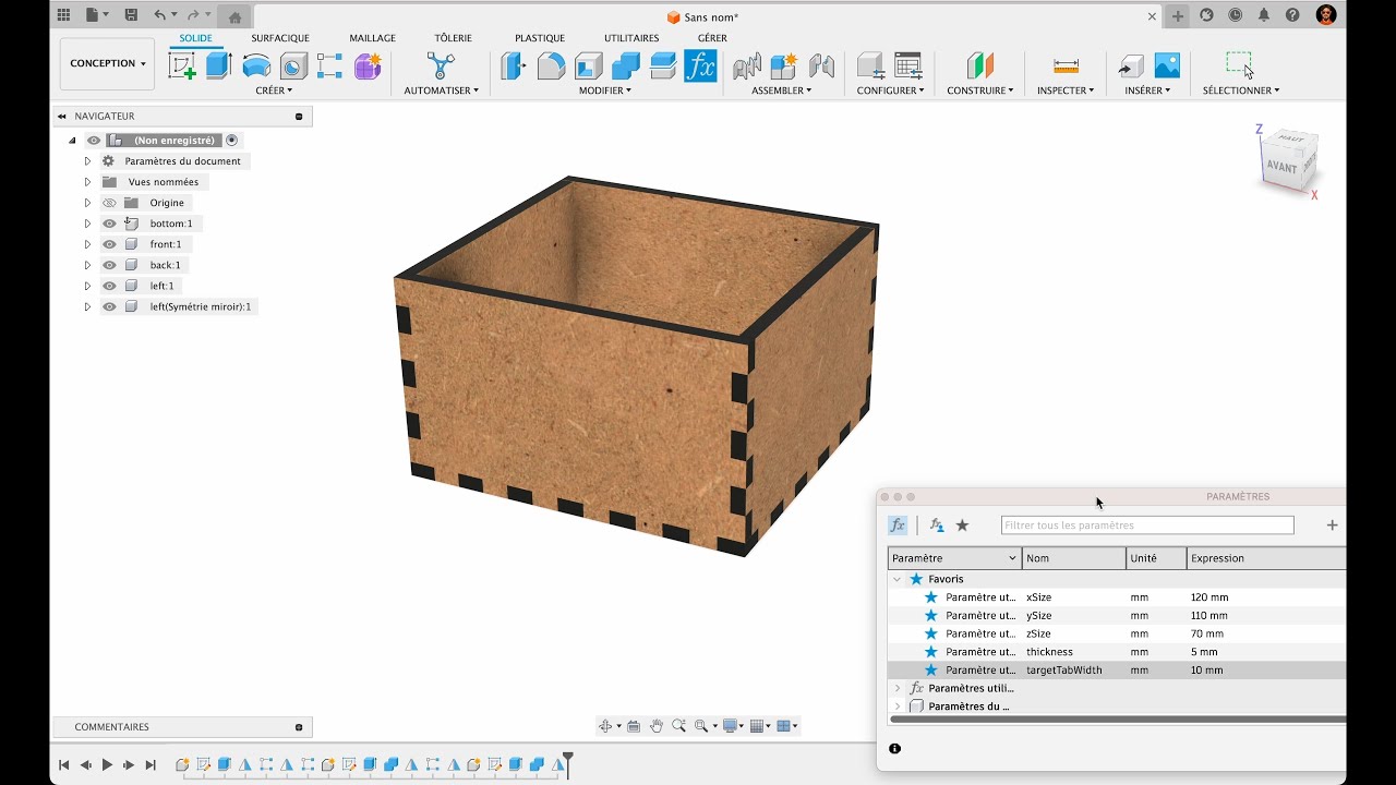 Tutoriel Fusion 360 : Créer une boîte paramétrique par découpe laser avec assemblages à queue droite