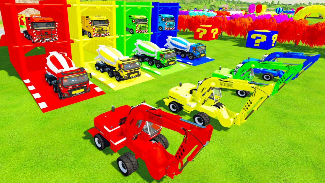 Colorful Heavy Machine - COLORFUL 902 EXCAVATOR, VOLVO MIXER TRUCK TRANSPORTING WITH MERCEDES TRUCK