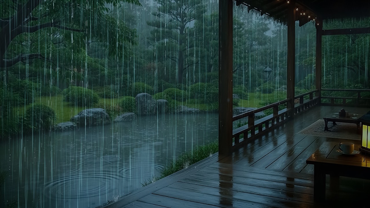 Soft Rainfall on Wooden Cabin Porch | ASMR Forest Rain on Garden Pond to Deep, Restful Sleep