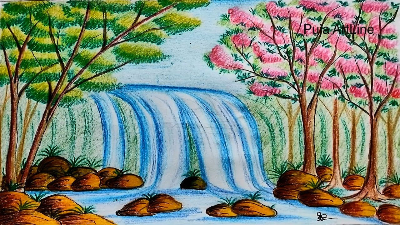 How To Draw waterfalls Scenery | spring season nature drawing/ waterfall in forest step by step.