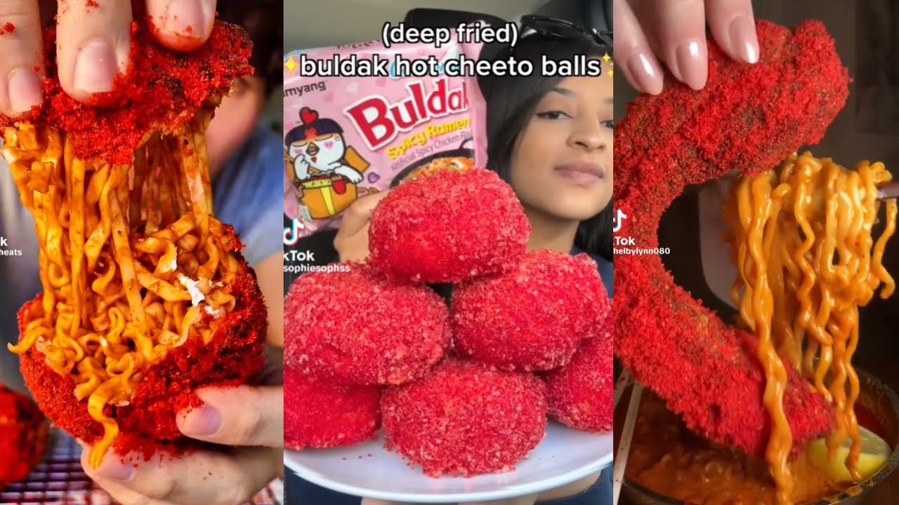 Чипсы Hot Cheeto Cheeseballs, Chipotle, Chicharr&oacute;n, Buldak Ramen Mukbang FoodTok Compilation