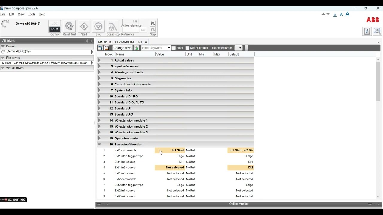 ABB ACS 880 PARAMETER BASIC SETTINGS  USING EXT1 TERMINALS /DI ON/OFF/AI SPEED CONTROL/AO/SELECTION