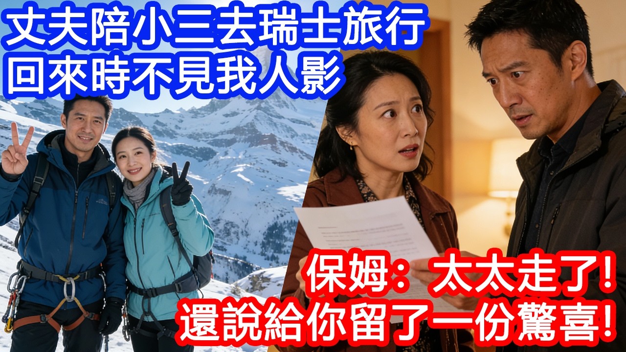 【情感故事】丈夫陪小三去瑞士旅行。回來時不見我人影，保姆：太太走了，還說給你留了一份驚喜！他傻眼了！#故事 #人生哲理 #婚姻 #出軌 #爽文