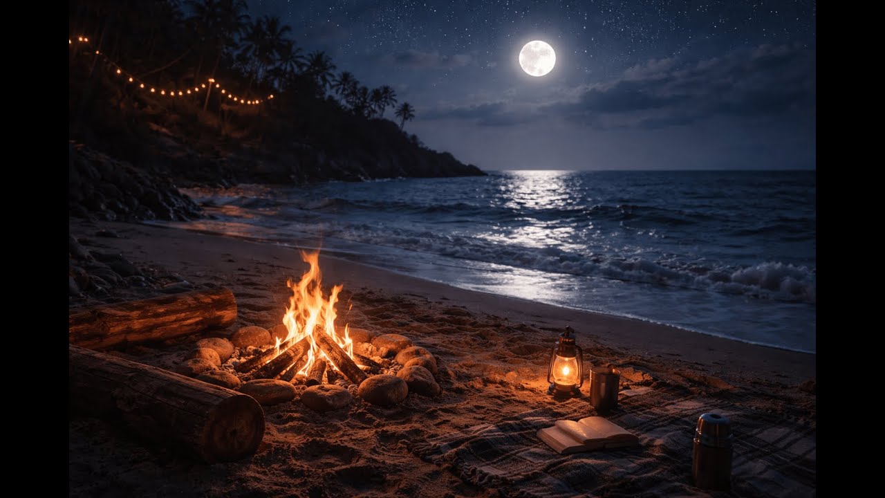 Moonlit Beach Campfire 🌙 Gentle Waves & Fire | Calm Night 1 Hour