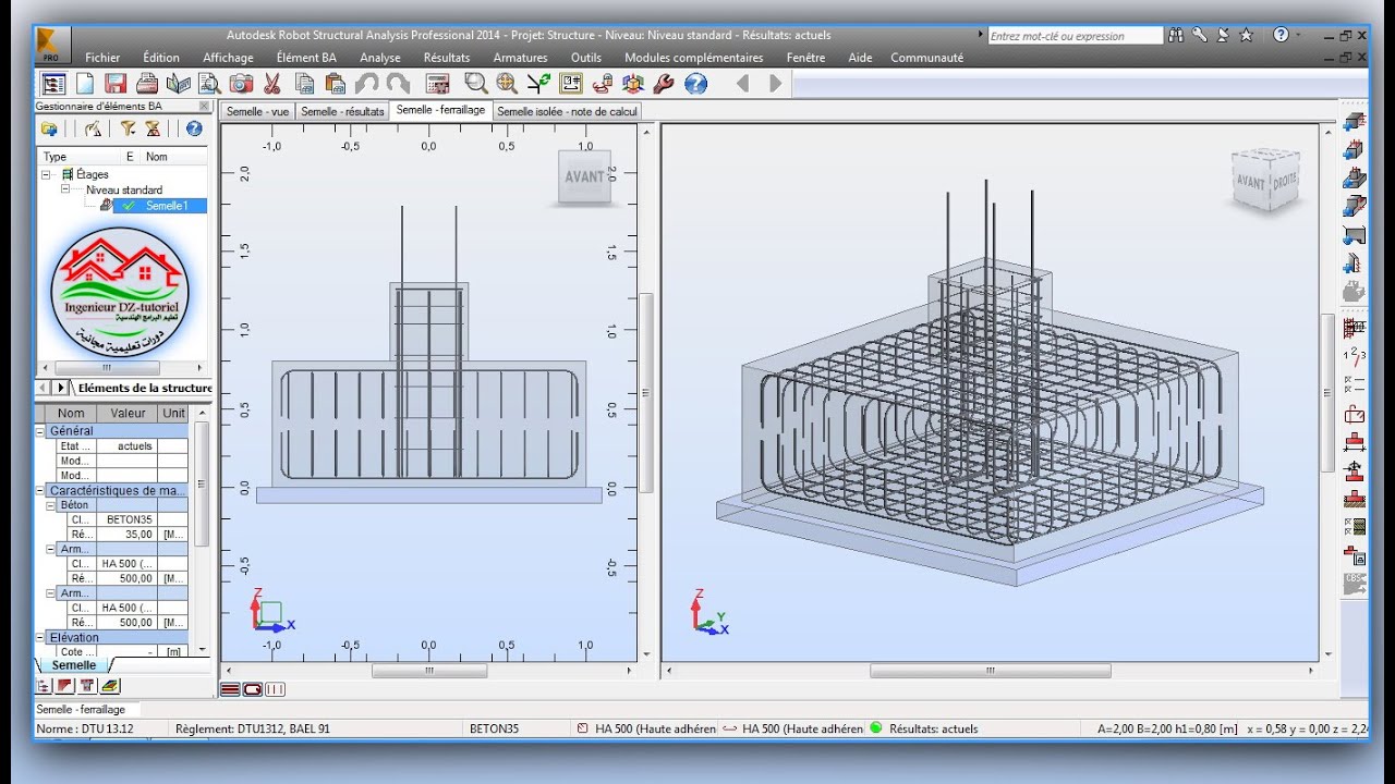 شرح تسليح semelle Isolée de double nappe على برنامج Robot Structural Analysis Professional 2014