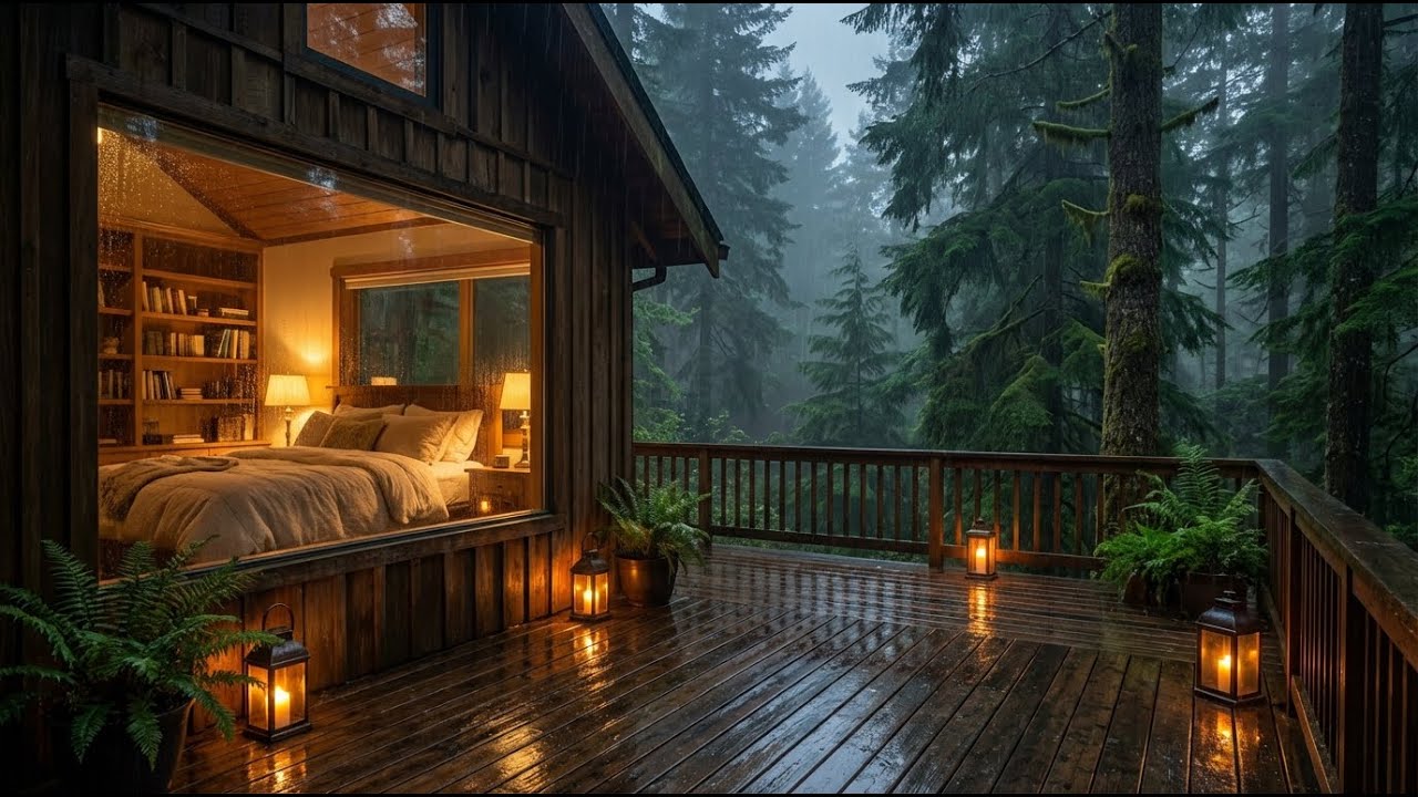 Deep Healing Heavy Rain & Felt Piano at Misty Cabin Library Room for Soul Healing 📚✨