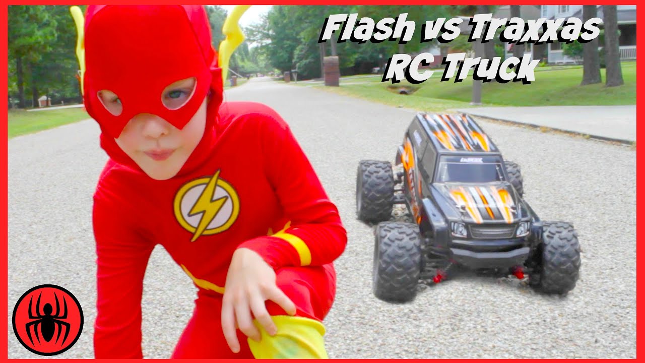 Superman vs FLASH vs RC MONSTER TRUCK Traxxas Edition superhero real life movie comic SuperHeroKids