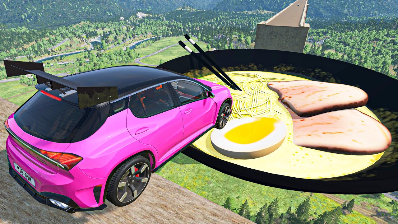 Open Bridge Crashes over Giant Tonkotsu Ramen Plate - BeamNG.Drive Cars Jumps & Crashes Compilation