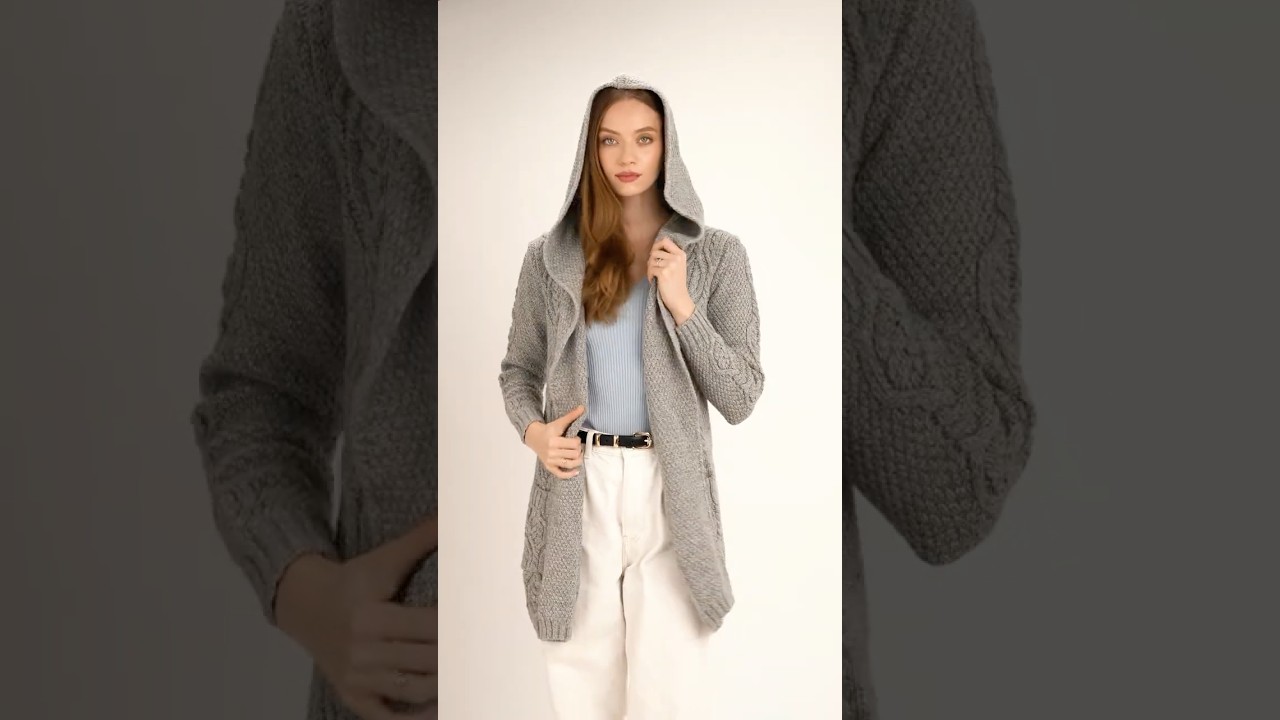 ML116-103 Merino Wool Aran Leaf Stitch Hooded Coat | ShamrockGift.com