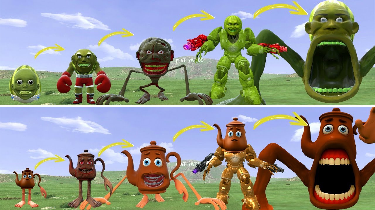 ???: ALL THE NEW EVOLUTIONARY FORMS OF KING LINHGANG MELON VS KING TATATA SAHUR IN GMOD!