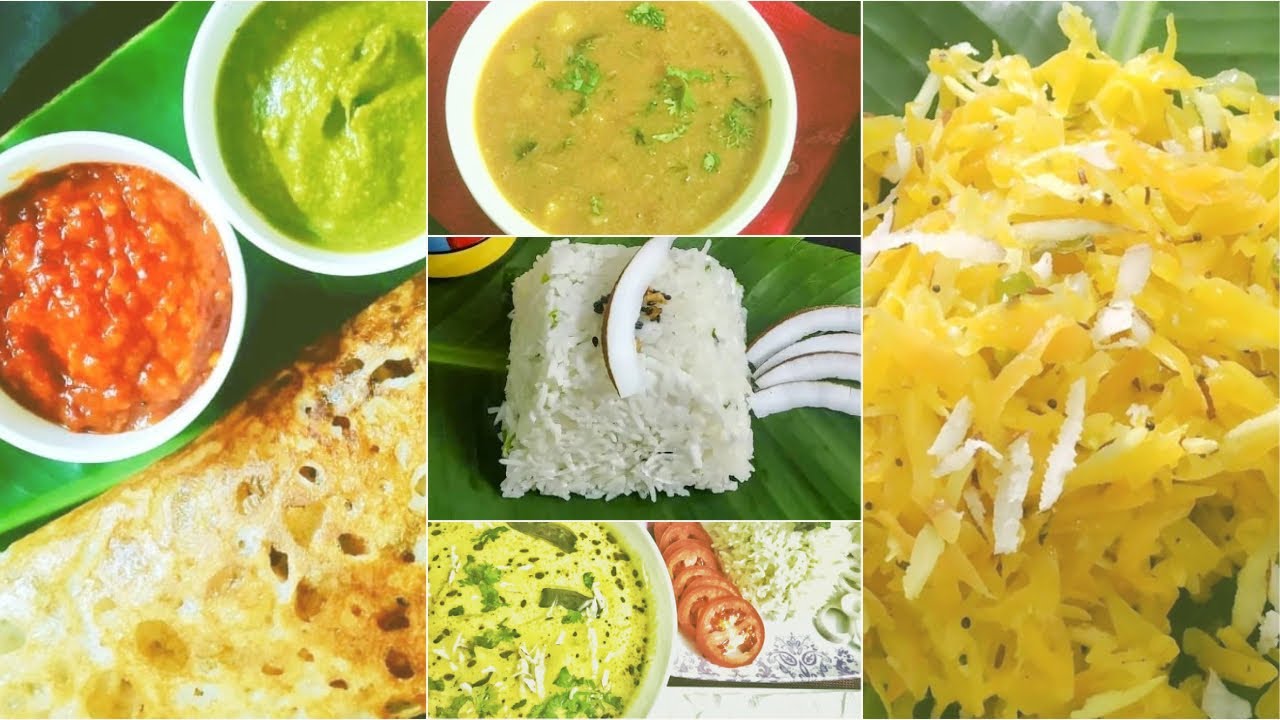 A perfect South Indian Plate| Rava Dosa | Sambar| Raw Papaya Thoran | Coconut Rice | raw Mango Curry