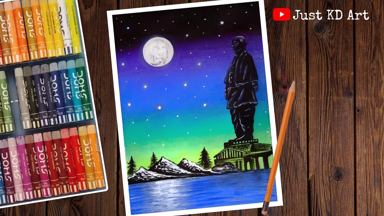 How to draw statue of unity with oil pastels । Sardar Vallabhbhai Patel Jayanti Special Drawing