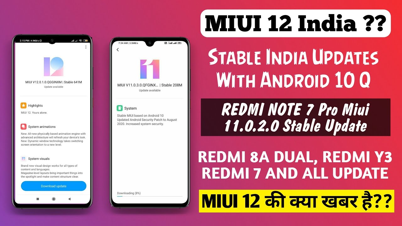 MIUI 12 INDIA | MIUI STABLE UPDATE WITH ANDROID 10 FOR REDMI NOTE 7 PRO, REDMI 8A DUAL, REDMI Y3, MI