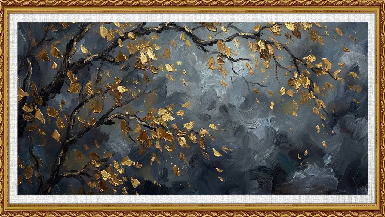Altın Yapraklı Soyut Dal Tablosu | Koyu Tonlarda Yağlı Boya Sanat Ambiyansı – Frame TV & Tablo Ekran