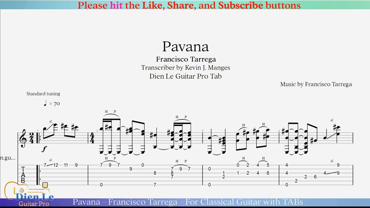 Pavana - Francisco Tarrega - For Classical Guitar with TABs