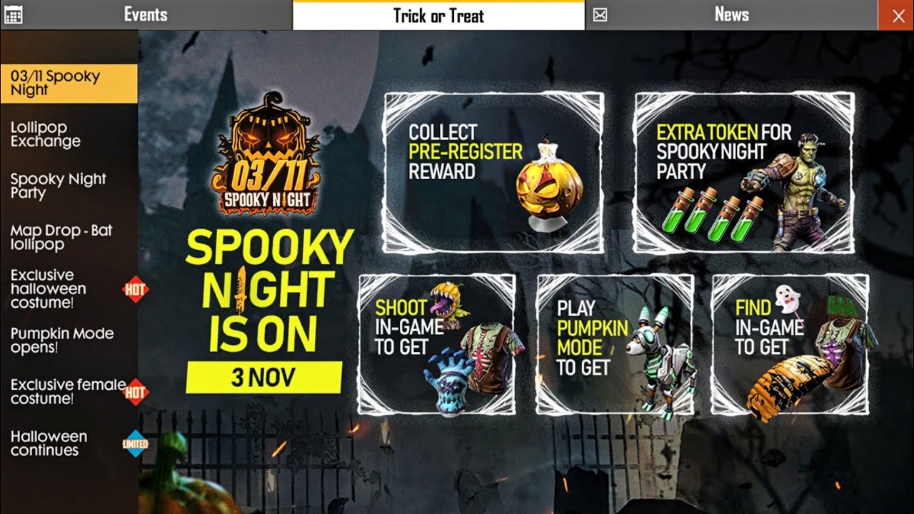 Ghost Candy, Free Halloween Backpack & Pumpkin Candle Mask || Free Fire Spooky Night Event Updates