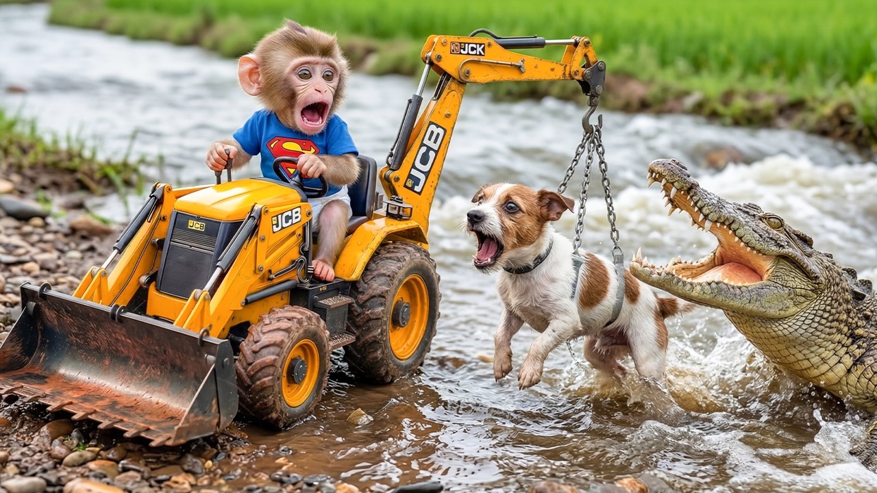 iZi Hero Monkey Uses His JCB to Rescue Puppy from Crocodile in the Pond&ndash;An Unforgettable Ending!🐊🚜