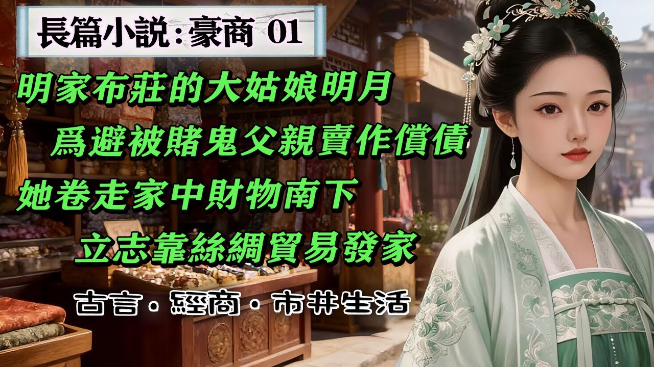 1長篇小說《豪商》01 明家布莊的大姑娘明月，失蹤了！有人說她被賭鬼父親賣了，也有人說是被繼母害了，還有人說，是她不堪忍受，跑了。眾說紛紜時，失蹤的明月正騎著大青騾南下。她要去做絲綢買賣，去賺大錢！