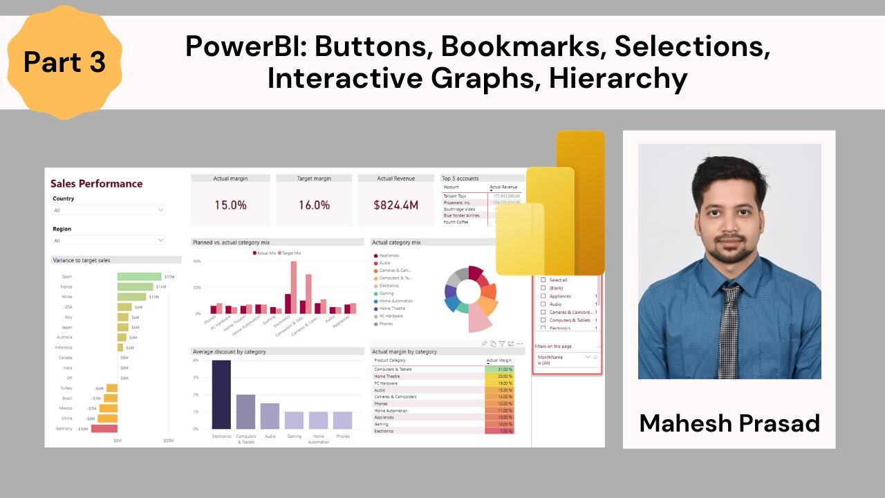 PowerBI: Buttons, Bookmarks, Selections, Interactive Graphs, Hierarchy