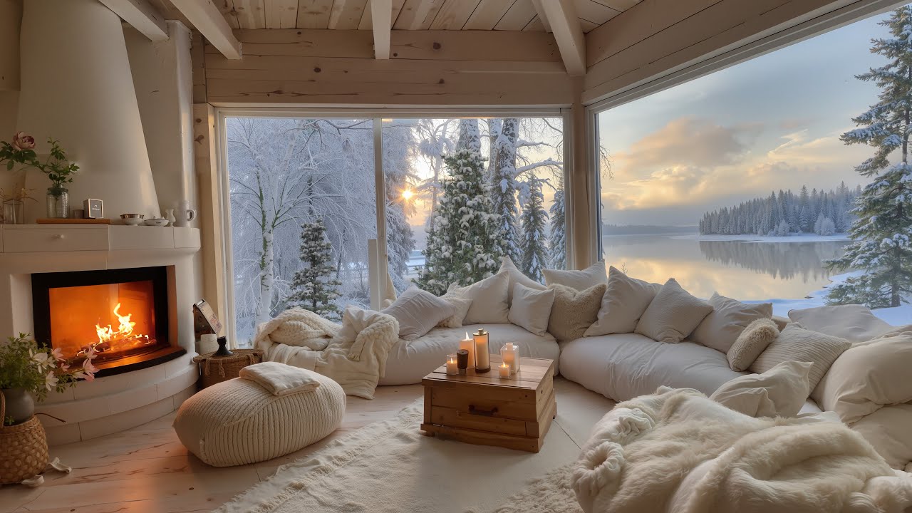 November Winter Afternoon By The Lake ⛄ Soft Piano & Warm Fireplace Sounds for Deep Focus