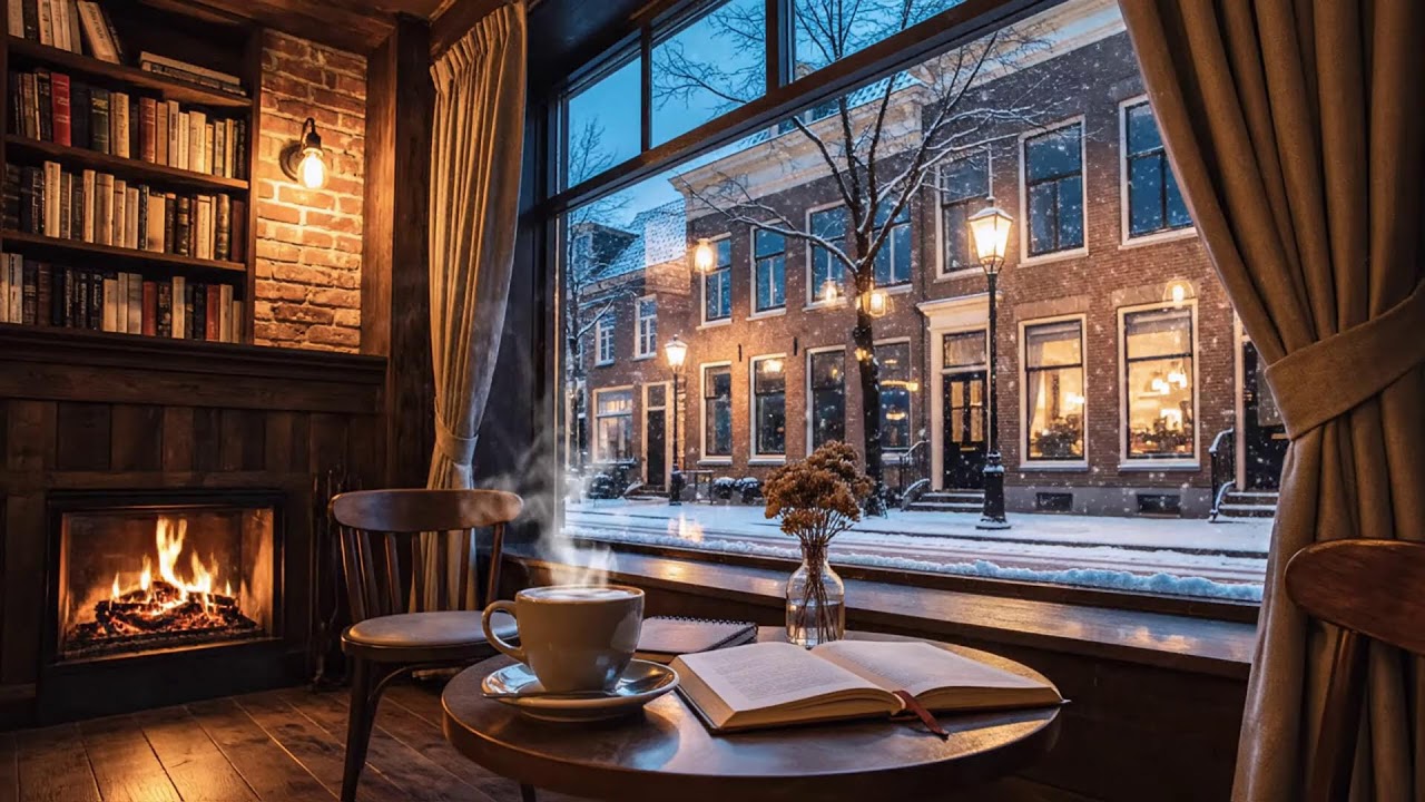 Cozy Winter Café with Falling Snow ~ Gentle Jazz Piano and Fireplace Sounds For Relax