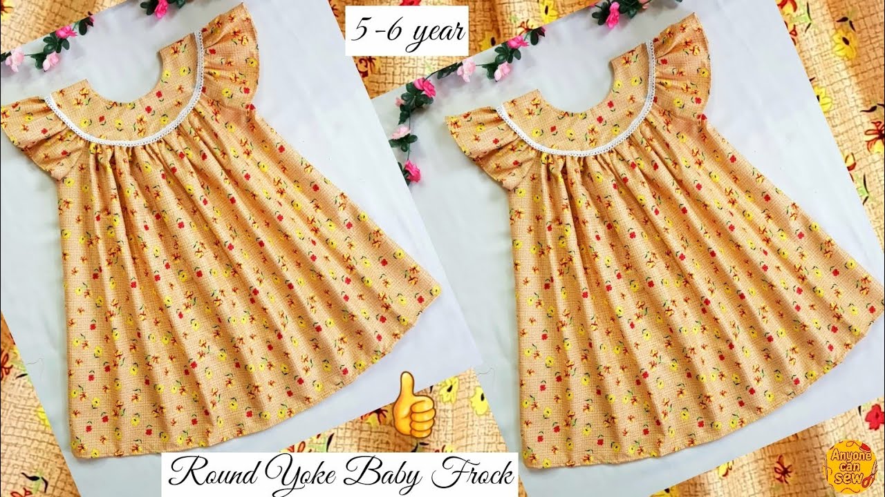 Round yoke baby frock design cutting and stitching | 5-6 year baby frock cutting and stitching