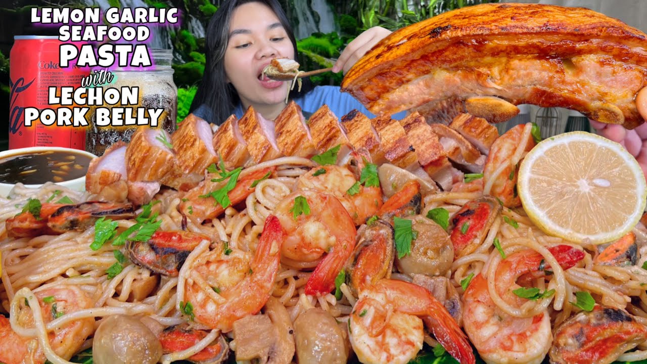 Lemon Garlic Shrimp Pasta with Lechon Pork Belly Mukbang