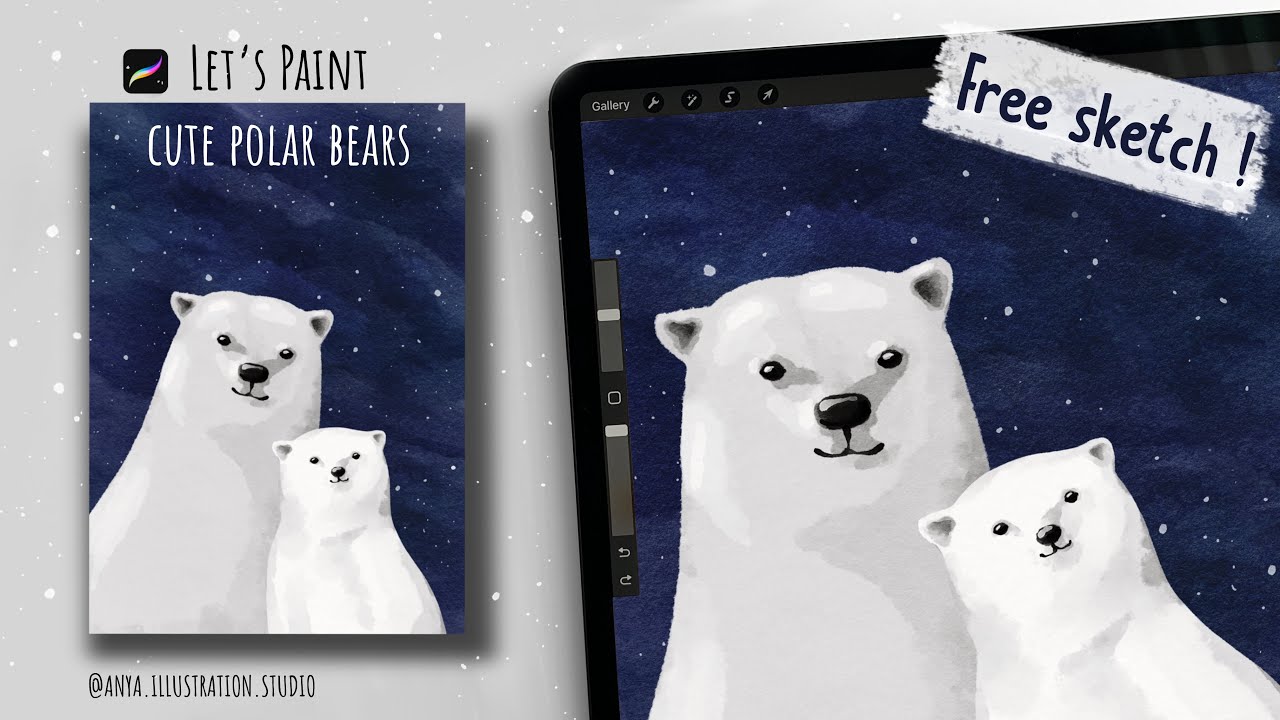 Let's paint cute polar bears🐻‍❄️❄️ Procreate Watercolor Tutorial. ✔️FREE sketch.