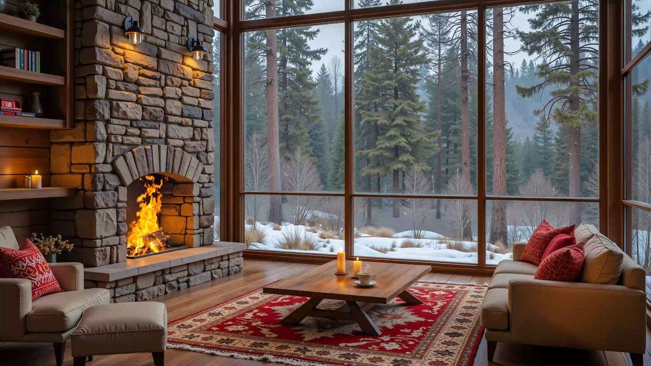Cozy Winter Atmosphere ❄ Warm Fireplace with Soothing Piano Music 🎶 Snowy Winter Atmosphere