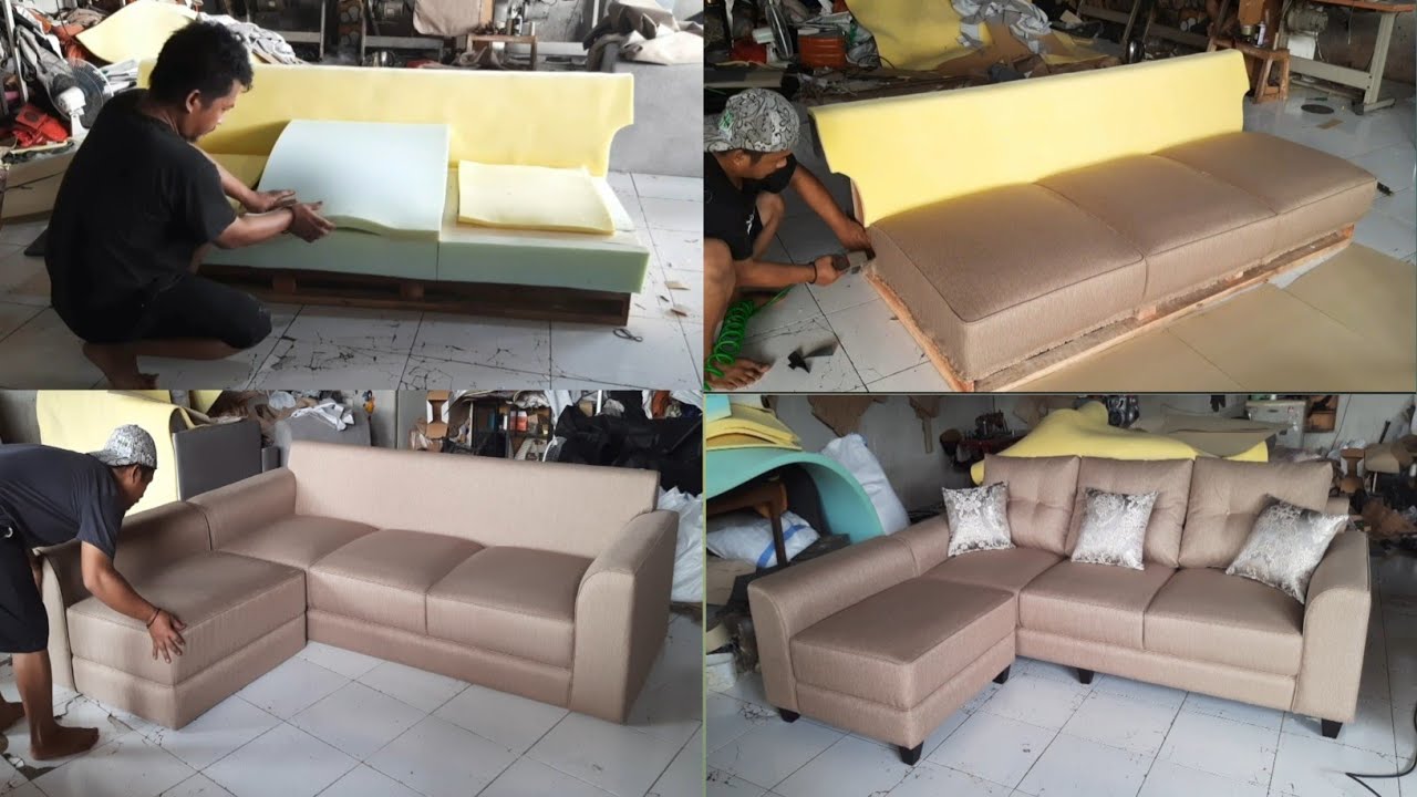 Cara membuat sofa 3dudukan | sofa minimalis | proses pasang busa dan kain