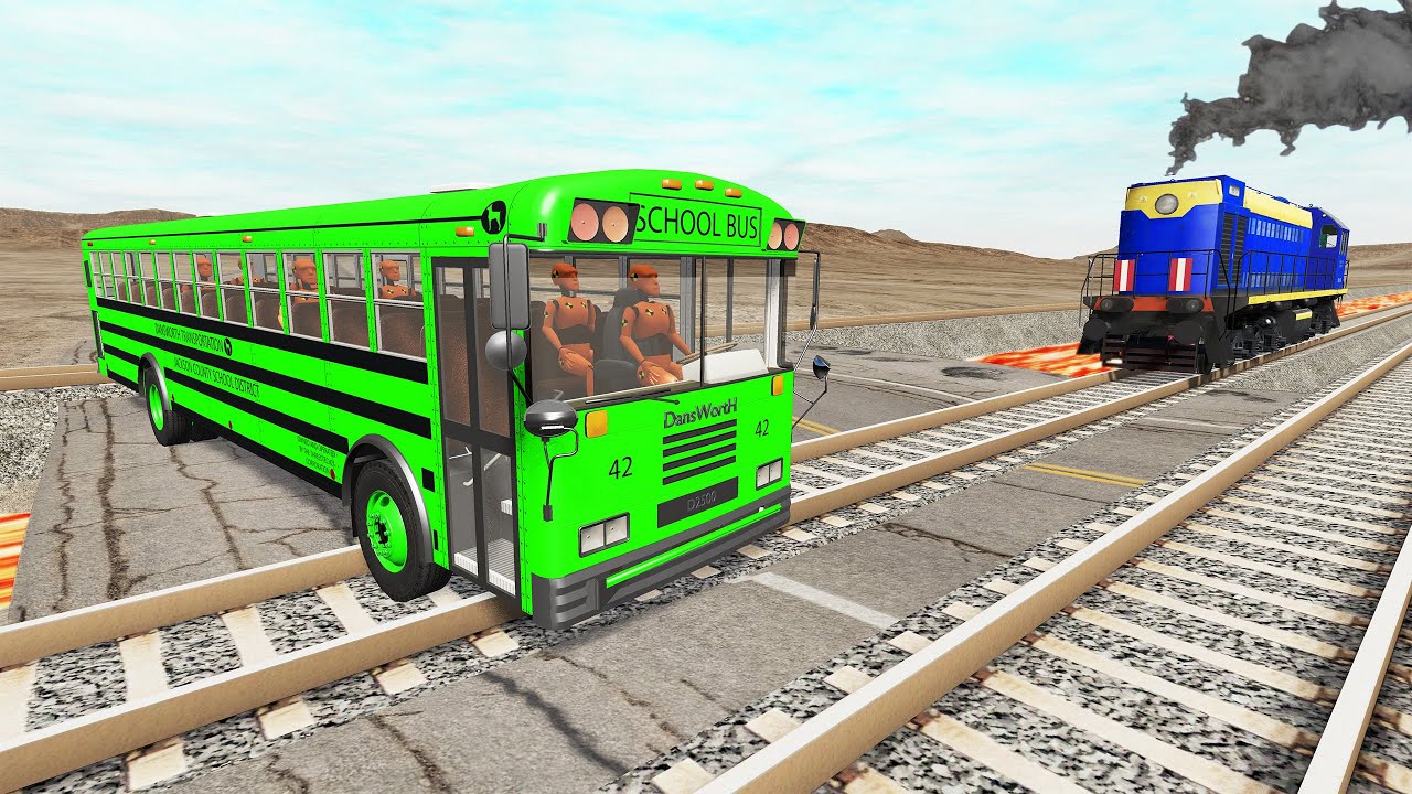 Trains vs Lava Crosses Road and Double Rails Tractor Rescue Stuck Cars - BeamNG.Drive